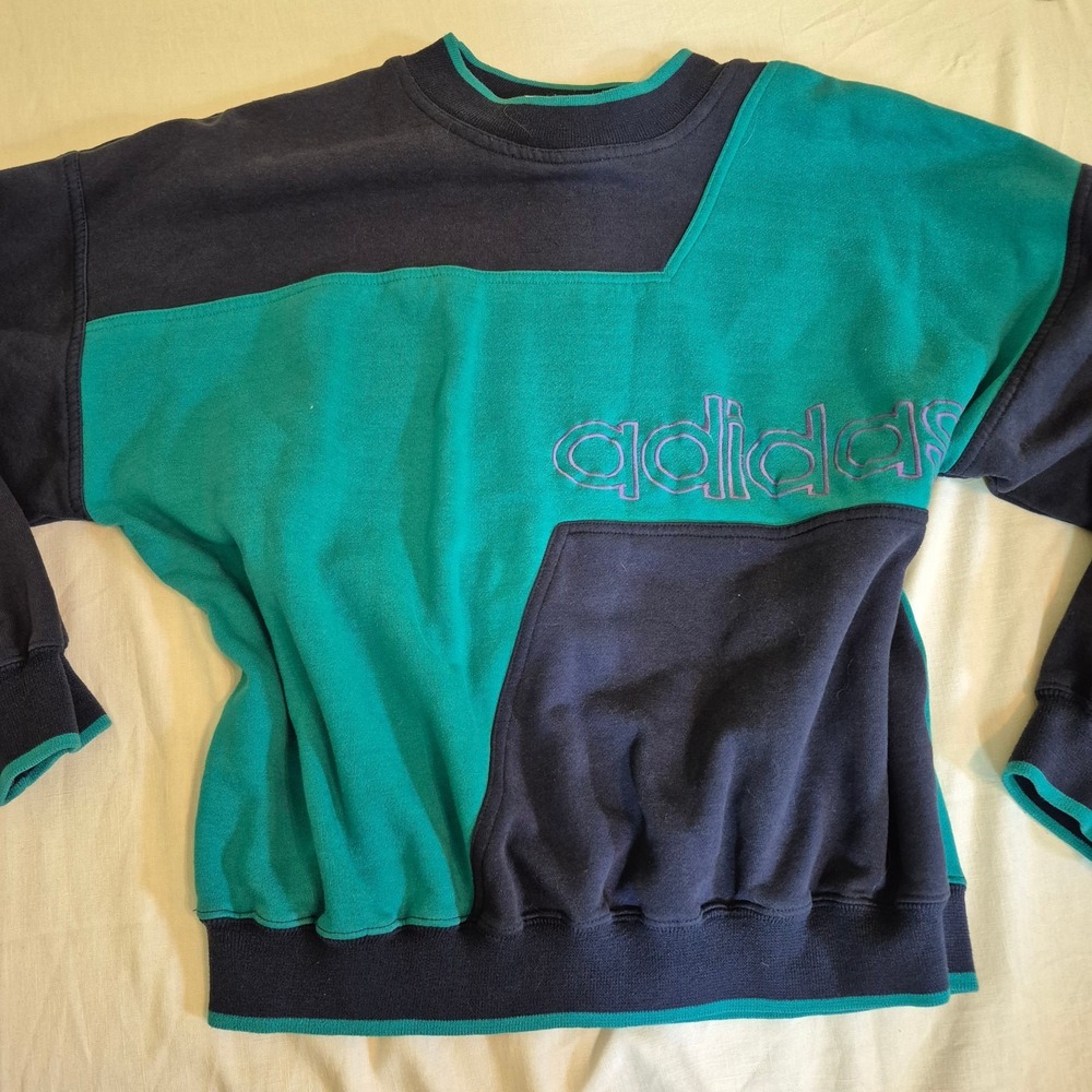 Vintage Adidas Sweatshirt L Teal Colorblock 90s Mock Neck Trefoil Spellout Retro